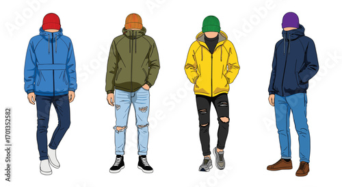 Stylish streetwear fashion illustrations featuring diverse hoodie designs beanies and denim outfits for modern urban lifestyle themes, Generative AI.