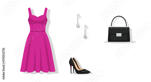 Elegant pink dress stylish black handbag and high heels perfect for a night out or special event with sparkling earrings, Generative AI.