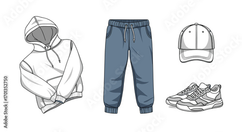 Stylish streetwear outfit featuring hoodie sweatpants cap and sneakers perfect for fashion lifestyle and apparel design projects, Generative AI.