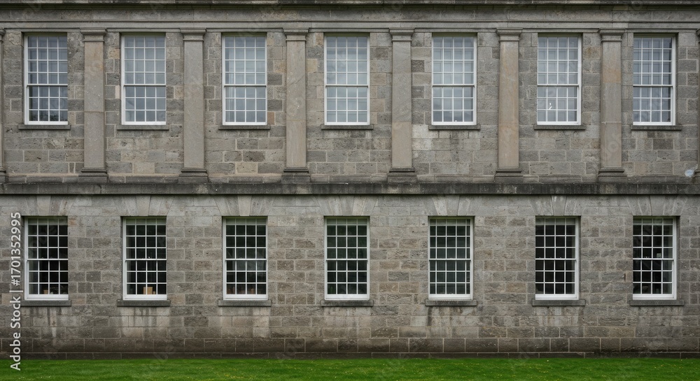 Fototapeta premium Georgian Stone Building Facade with Rows of Windows and Grass