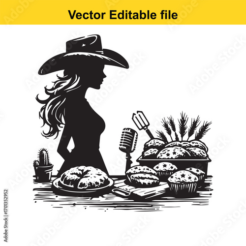 Silhouette of a cowgirl with baked goods and microphone isolated on white background