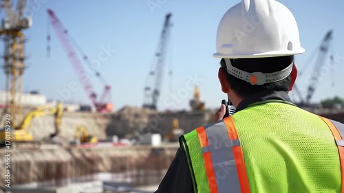 Construction Worker Using Walkie Talkie at Sunny Construction Site