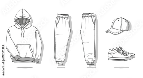 Stylish streetwear apparel set featuring a hoodie sweatpants baseball cap and sneakers perfect for fashion designs, Generative AI.