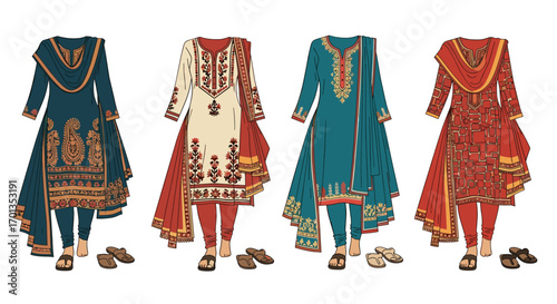 Vibrant Indian salwar kameez designs showcasing traditional elegance perfect for fashion textile and cultural projects featuring detailed patterns, Generative AI.