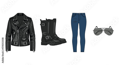 Edgy fashion essentials: Leather jacket biker boots denim jeans and sunglasses ready for urban style and modern lifestyle, Generative AI.