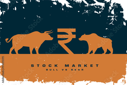 indian stock market bull vs bear background with rupee sign
