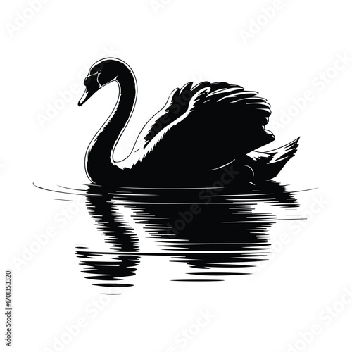 Elegant Black Swan Gliding on Water with Striking Monochrome Reflection and Minimalist Background