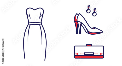 Elegant evening ensemble featuring a stylish dress high heels earrings and clutch perfect for fashion style and design projects, Generative AI.