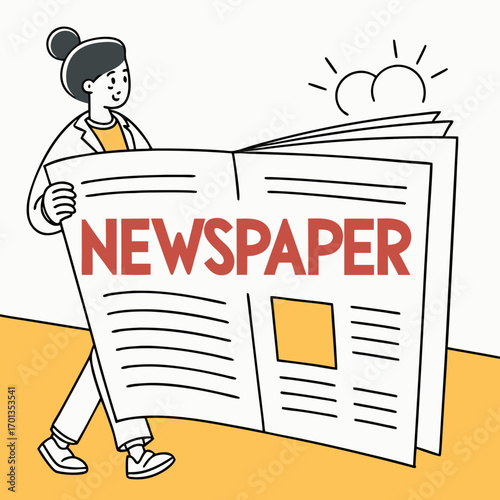 Woman reading the newspaper with sun shining