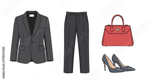 Elegant business attire set for a confident professional featuring a suit stylish handbag and high heels ready for success, Generative AI.
