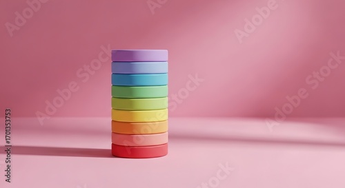 Stacked pastel rainbow cylinders on pink backdrop with soft shad