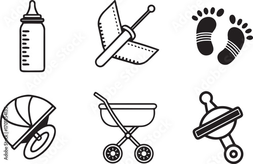 Baby taking care tools kids feeder child caring icons vector set