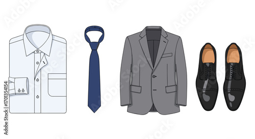 Elegant men's business attire essentials: shirt tie blazer and shoes perfect for professional presentations and corporate events, Generative AI.