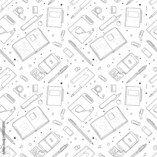 Seamless pattern illustration of various school or office supplies on a white background., seamless pattern, Stock royalty free image.