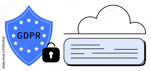 GDPR shield with stars, secure padlock, and cloud storage symbolizing data protection, privacy, compliance, information security, digital safety, cloud-based encryption, and regulation adherence