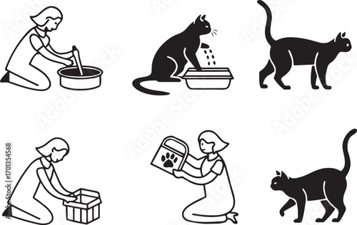 Cat takes care icons set. Flat vector filled silhouette line art icon