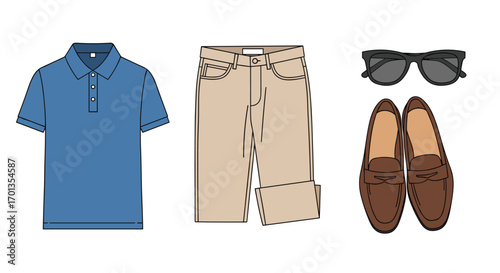 Essential men's casual summer outfit with blue polo shirt khaki shorts sunglasses and loafers for a stylish look, Generative AI.