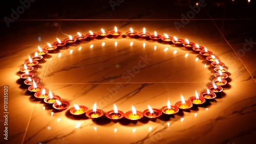 Sacred Circle of Flickering Diwali Oil Lamps Illuminating the Darkness with a Warm, Golden Glow