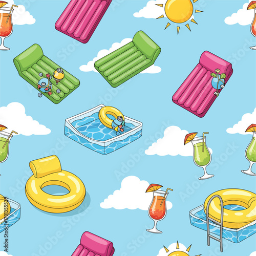 Summer themed seamless pattern with pool floats, drinks and sunshine background, patern seamless, Stock royalty free.