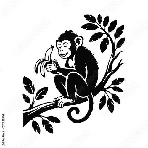 Monkey business silhouette design a charming primate enjoying banana on tree branch