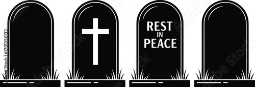 Gravestone tombstone vector illustration set, RIP and cross engraved headstones, flat memorial grave design for Halloween, cemetery, funeral, or obituary concept