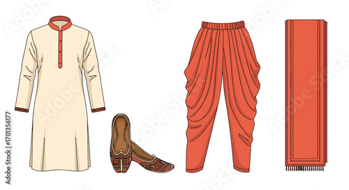 Traditional Indian ethnic wear set featuring kurta dhoti pants scarf and embroidered jutti shoes ready for celebrations, Generative AI.