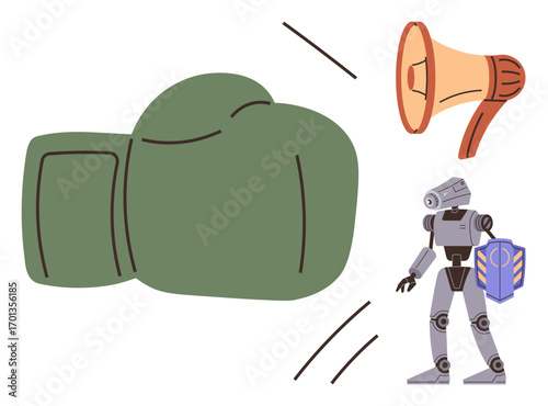 Green boxing glove strikes toward megaphone and robot with shield, symbolizing resistance, power, communication, and defense. Ideal for aggression, conflict, protection, opposition competition