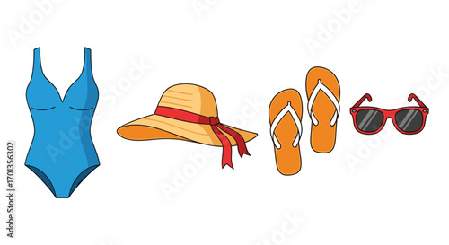 Summer essentials: Swimsuit sun hat flip-flops and sunglasses perfect for beach vacations and sunny days with friends, Generative AI.
