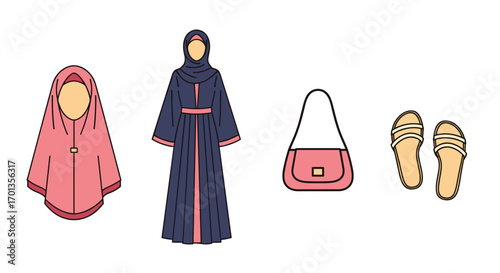 Elegant illustrations of Muslim fashion essentials including abaya hijab handbag and sandals perfect for design projects, Generative AI.