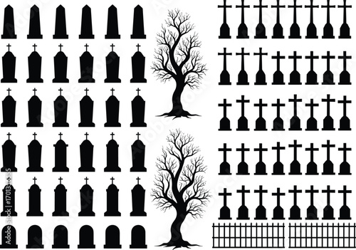 Graveyard tombstone silhouette vector set, includes crosses, headstones, dead trees, cemetery fence elements, memorial monument icons, Halloween or mourning themes