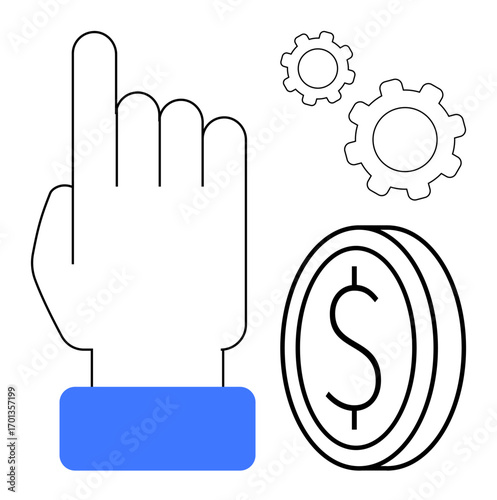 Hand pointing upward with dollar coin and gears signifying financial choices, budgeting, system settings. Ideal for fintech, investment, startup, workflow, operational planning, budget management