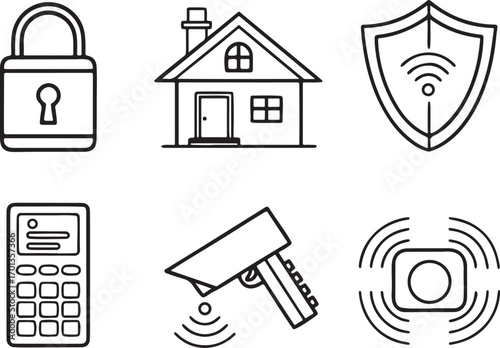 Home security of locker cc camera tv technology vector icons set. Household Everyday Life icon in flat outline and editable stroke line art