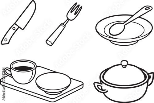 Kitchen items cooking tools vector icons set. Household Everyday Life icon in flat outline and editable stroke line art