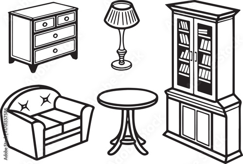 Household Everyday Life furniture vector icons set. Tea table, sofa, table light, wardrobe, bookshelf icon in flat outline and editable stroke line art