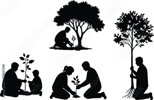 Silhouettes of people planting trees, environmental conservation concept, family gardening together vector illustration, tree planting awareness design, isolated on white background