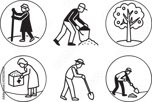 Volunteer working, helping, cleaning vector icons set. Household Everyday Life icon in flat outline and editable stroke line art