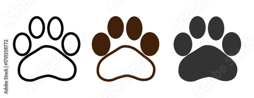 This image features three dog paw prints in different color variations: black outline, brown filled, and black filled.
