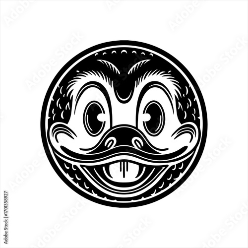 Cartoon Duck Face Emblem With Big Eyes.