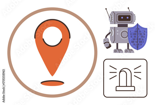 Robot holding shield of binary code, alert light, and location marker suggest cybersecurity, data protection, threat detection, global technology. Ideal for safety, warning, AI digital innovation
