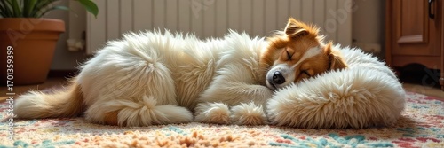 A fluffy, oversized cushion provides a comfortable, impromptu sleeping spot on a plush, patterned carpet Perfect for relaxation and a cozy nap , throw pillow, textile, design