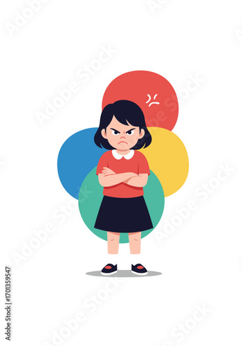 Illustration of an angry girl with arms crossed displaying frustration and displeasure expressing negative emotions