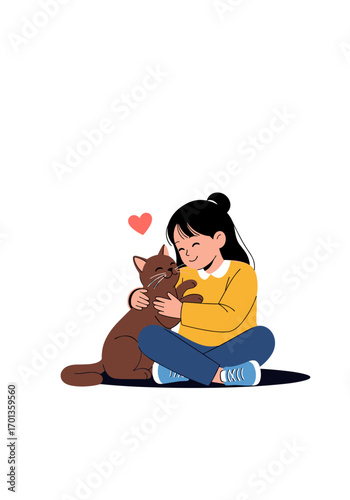 A young girl embraces her beloved brown cat with affection a heart symbol above them