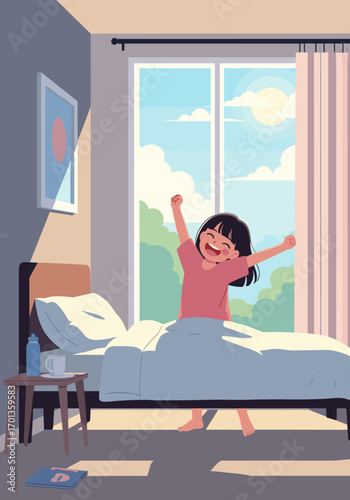 A little girl joyfully stretching in her sunlit bedroom ready to start her day