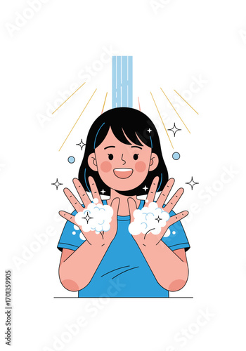 A happy young person is washing their hands thoroughly with soap and water under a faucet for optimal hygiene and health benefits