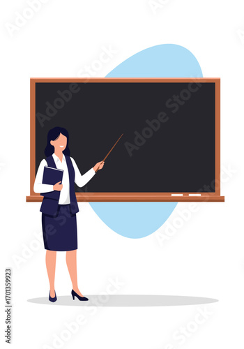 Female teacher pointing to empty blackboard with instructional materials for education and learning concepts