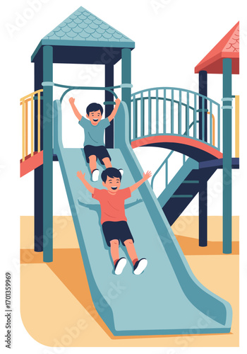 Joyful children sliding down playground equipment on a sunny day outdoor recreation fun