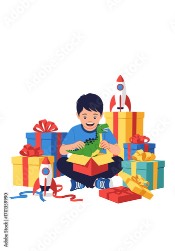 Joyful boy unboxing a dinosaur toy surrounded by colorful birthday presents and rocket gifts