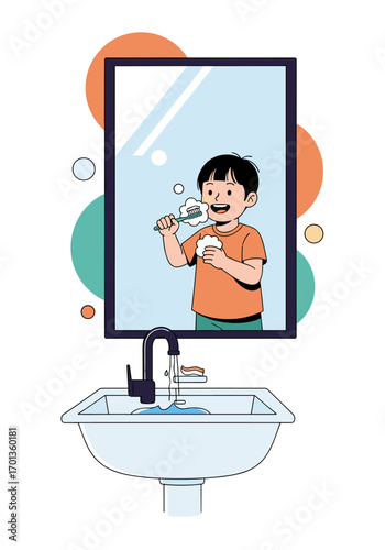 A young boy brushing his teeth in front of a bathroom mirror by a sink