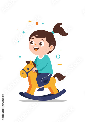 Happy little girl with ponytail riding a rocking horse in a colorful playful environment