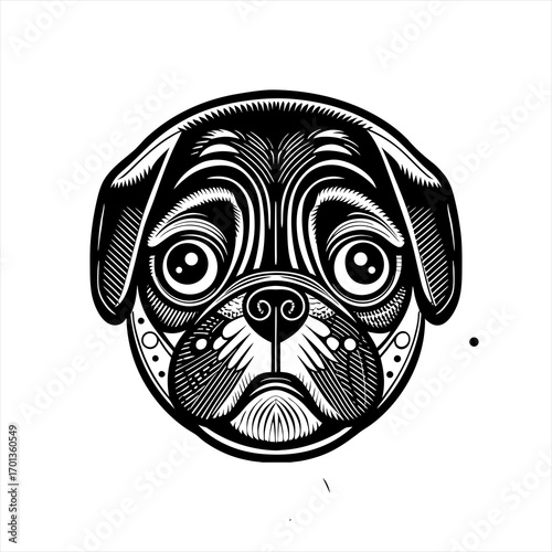 Stylized Black and White Pug Dog Face Illustration.